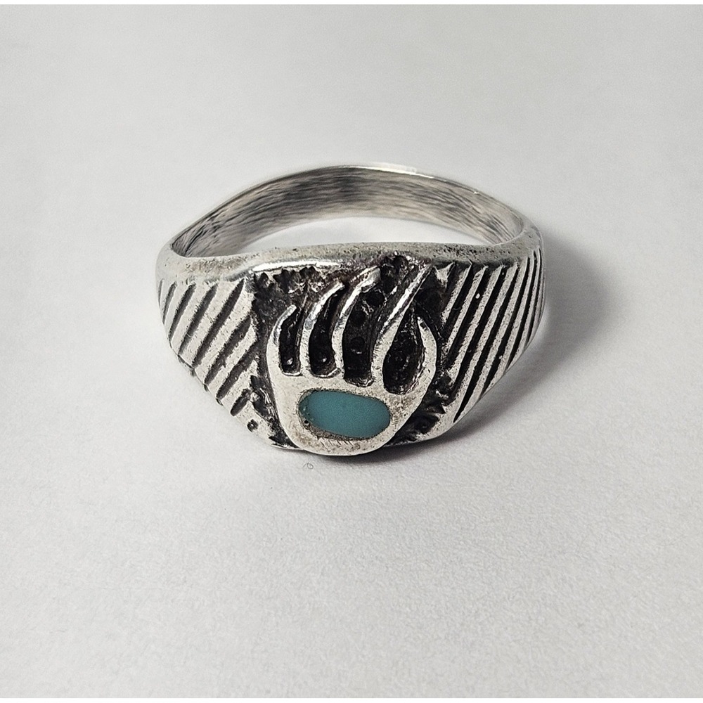 925 Sterling Silver Bear Claw Turquoise Ring Size 7.75 Zuni Signed RW Vintage 3D